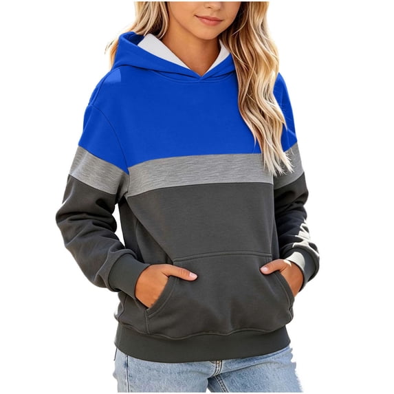 Ohufall 3-14Y Color Block Hooded Sweatshirt for Girls Kangaroo Pocket Long Sleeve Tops Comfort Fashion Casual Sweatshirts