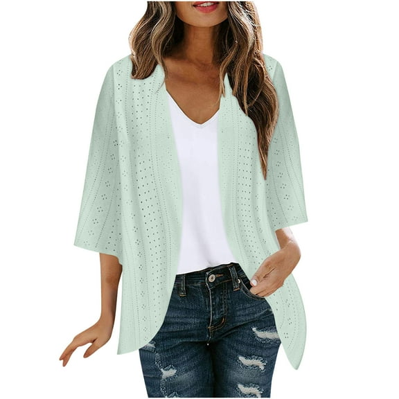 Ohufall 3/4 Sleeve Cardigans for Women Summer Loose Fit Breathable Open Front Bolero Shrugs Fashion Solid Causal Hollow Out Cover Up