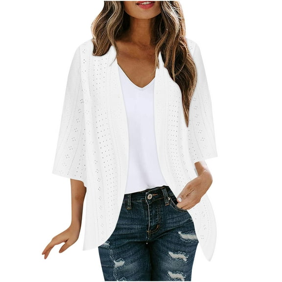 Ohufall 3/4 Sleeve Cardigans for Women Summer Loose Fit Breathable Open Front Bolero Shrugs Fashion Solid Causal Hollow Out Cover Up
