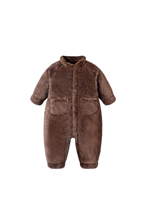 3M-2Y Cozy Cold Weather Baby Suit For Newborn, Solid Soft Fluffy Plush Long Sleeve Pocket Unisex Crawling Jumpsuit