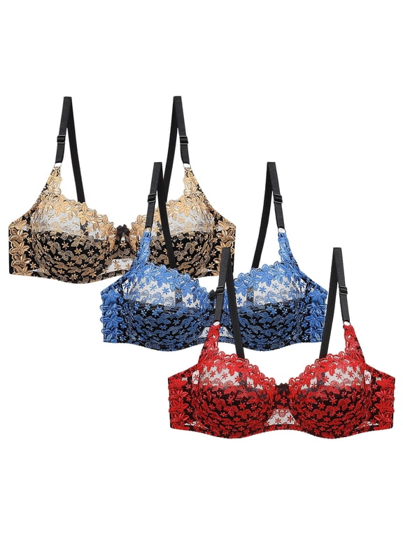 3PC Pack Lace Bras for Women Underwire Supportive Push-Up Bras Embroidery Thin Plus Size Adjustable Daily Bra,34D-44D