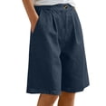 thumbnail image 1 of Ohufall Bermuda Denim Shorts for Women Summer Knee Length Short Pants Ladies Elastic Waist Solid Color Buttons Shorts with Pockets, 1 of 8