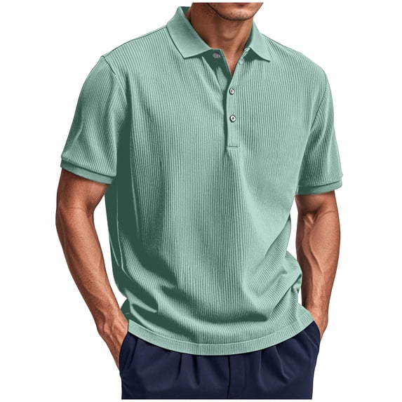 Ohufall Big and Tall T-shirts for Men Ribbed Button Turn-down Collar Casual Tees Short Sleeve Loose Summer Tops