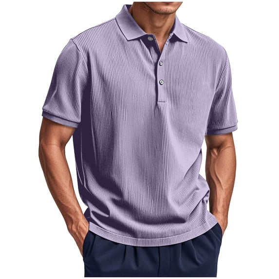 Ohufall Big and Tall T-shirts for Men Ribbed Button Turn-down Collar Casual Tees Short Sleeve Loose Summer Tops