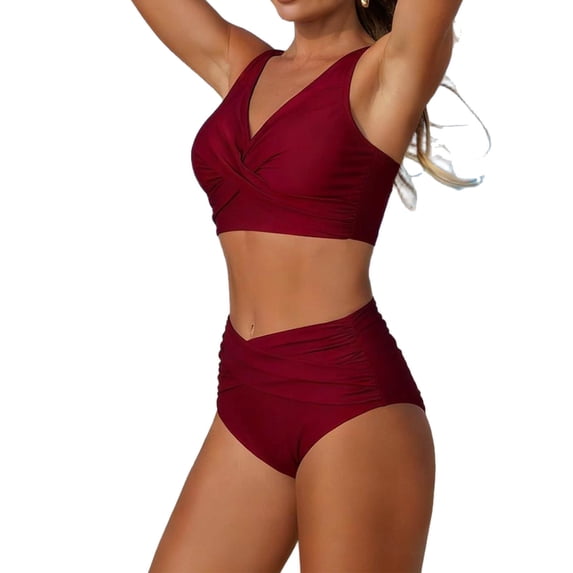 Ohufall Bikini Sets for Women Two Piece High Waisted Swimsuit V-neck Solid-Color Padded No Underwire Summer Beach Set
