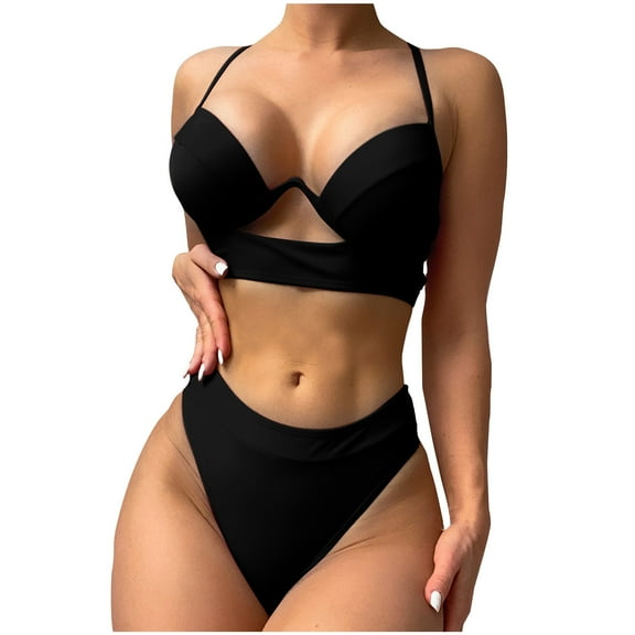 Ohufall Bikinis For Womens Swimsuits Sexy Solid Push Up High Cut Plus SIze Bikini Set Two Piece Swimsuit