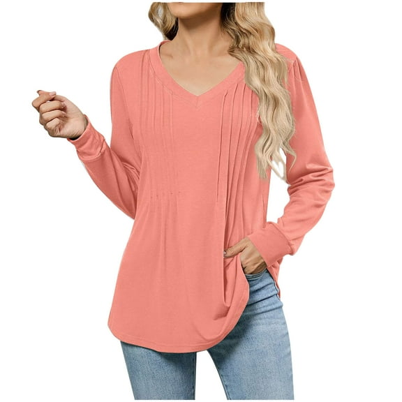 Ohufall Blouses for Women Fashion Pleated Long Sleeve Shirts Solid Casual V-neck Tunic Tops Womens Lightweight Loose Dressy Shirts
