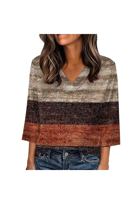 Blouses for Women V Neck 3/4 Length Sleeve Color Block Top Pullover Loose Summer Fashion Casual Tops