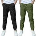 thumbnail image 1 of Ohufall Boys Cotton Linen Pants 2-Pack, Kids Lightweight Casual Elastic Waist Drawstring Trousers Solid Loose Outdoor Sweatpants Joggers with Pockets, 3-13 Years, 1 of 9