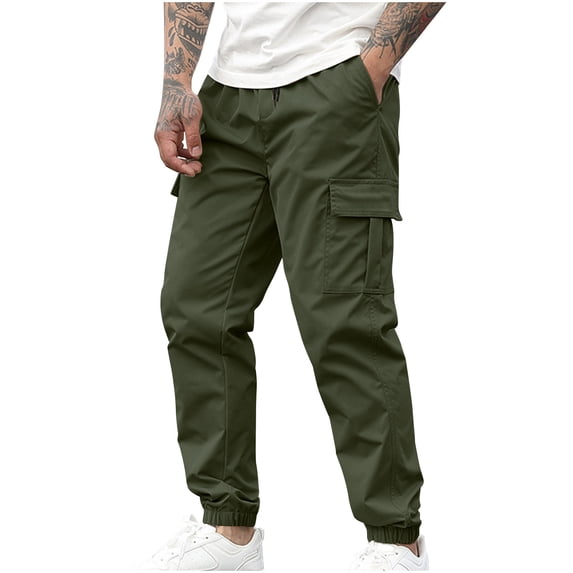 Ohufall Cargo Pants for Men Plus Size Fashion Lightweight Loose Fit Jogging Harem Pants Solid Casual Drawstring Elastic Waist Pants with Multi Pockets