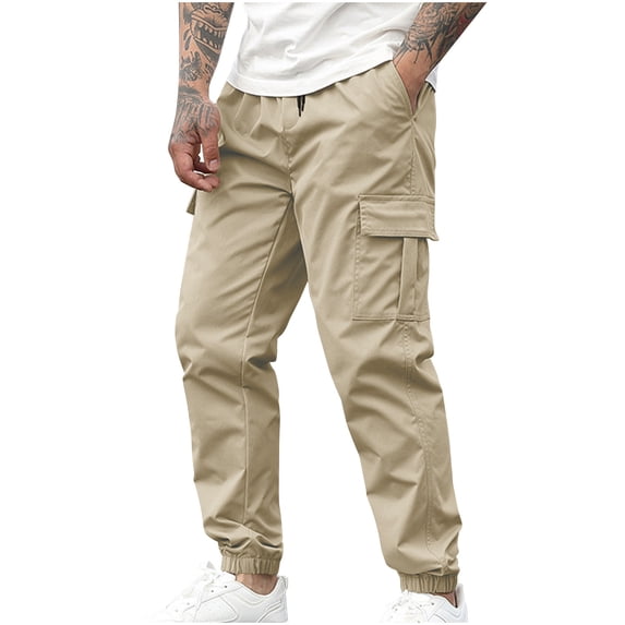 Ohufall Cargo Pants for Men Plus Size Fashion Lightweight Loose Fit Jogging Harem Pants Solid Casual Drawstring Elastic Waist Pants with Multi Pockets