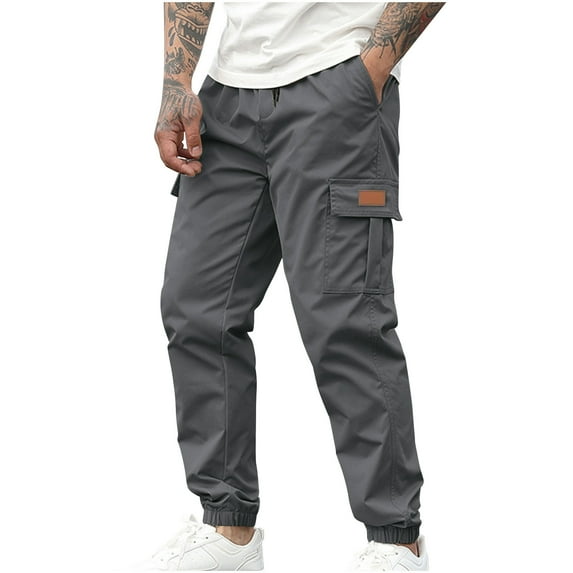 Ohufall Cargo Pants for Men Plus Size Fashion Lightweight Loose Fit Jogging Harem Pants Solid Casual Drawstring Elastic Waist Pants with Multi Pockets