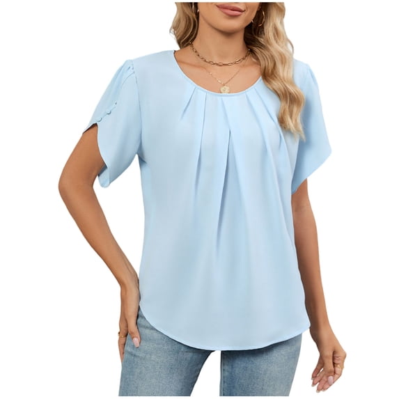 Ohufall Casual Tops for Women Pleated Crew Neck Loose Pullover T-shirts Solid Short Sleeve Lightweight Summer Tops