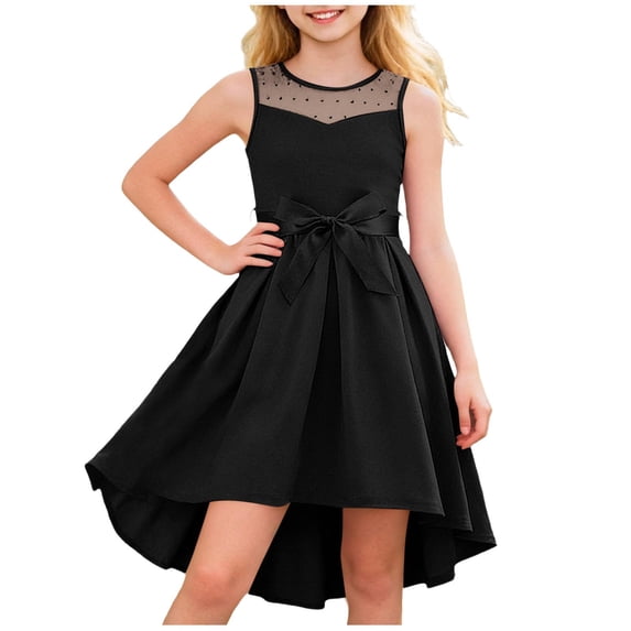 Ohufall Children Girls' Dress Satin Mesh Splicing Bow Belt Dress Pleated Sleeveless Solid Color Princess Dresses 5-16 Years
