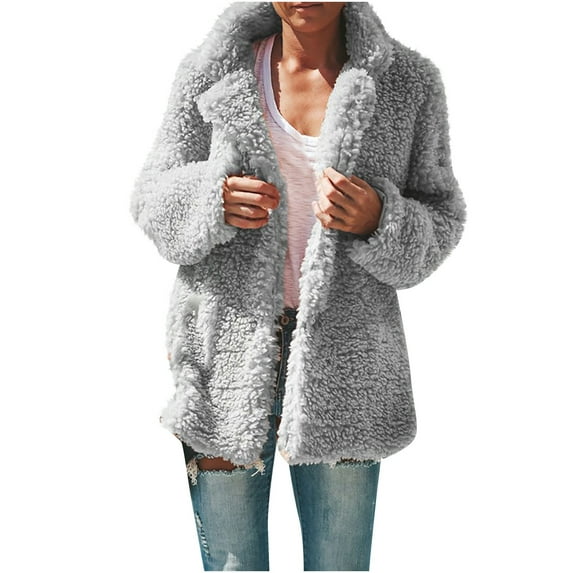 Ohufall Coats For Women Plus Size Winter Warm Loose Plush Hooded Jacket Coat Clearance