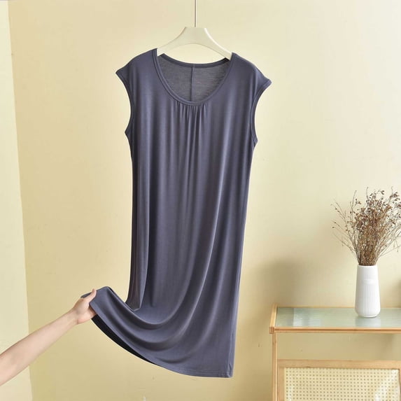 Ohufall Comfy Sleepshirts for Women Sleeveless Round Neck Loose Nightgown Solid Color Fashion Homewear Sleep Dress