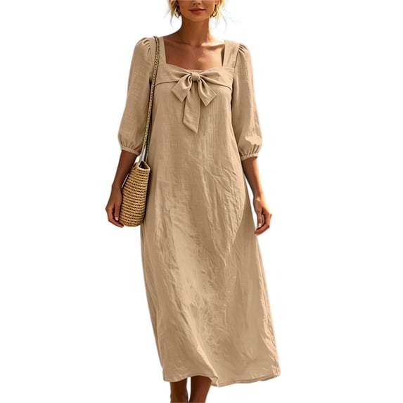 Ohufall Cotton Linen Dress for Women Bow Square Neck Maxi Dress 3/4 Sleeve Loose Solid Color Dresses
