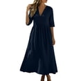 thumbnail image 1 of Ohufall Cotton Linen Dress for Women Hollow Out Pleated Dresses V Neck Half Sleeve Vacation Beach Maxi Dress, 1 of 8