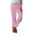thumbnail image 1 of Ohufall Cotton Linen Pants for Women Fashion Casual Elastic Waist Drawstring Long Pant Solid Relaxed Fit Breathable Straight Leg Trousers with Pockets, 1 of 5