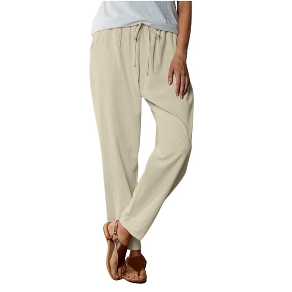 Ohufall Cotton Linen Pants for Women Fashion Casual Elastic Waist Drawstring Long Pant Solid Relaxed Fit Breathable Straight Leg Trousers with Pockets