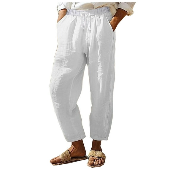 Ohufall Cotton Linen Pants for Women Summer Solid Casual Outdoor Beach Pants Fashion Loose Comfortable Drawstring Elastic High Waist Pants with Pockets