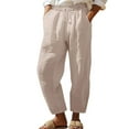 thumbnail image 1 of Ohufall Cotton Linen Pants for Women Summer Solid Casual Outdoor Beach Pants Fashion Loose Comfortable Drawstring Elastic High Waist Pants with Pockets, 1 of 5