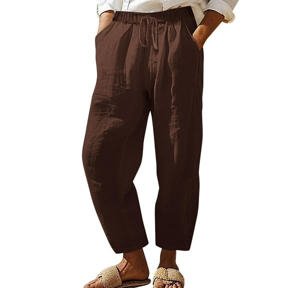 Ohufall Cotton Linen Pants for Women Summer Solid Casual Outdoor Beach Pants Fashion Loose Comfortable Drawstring Elastic High Waist Pants with Pockets