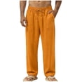 thumbnail image 1 of Ohufall Cotton Linen Pants for Men Solid Color Drawstring Pants Elastic Waist Breathable Lightweight Casual Pant, 1 of 6