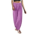 thumbnail image 1 of Ohufall Cotton Linen Pants for Women Fashion Casual Solid Color Drawstring Elastic Waist Trousers Loose Fit Beach Pants, 1 of 7