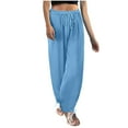 thumbnail image 1 of Ohufall Cotton Linen Pants for Women Fashion Casual Solid Color Drawstring Elastic Waist Trousers Loose Fit Beach Pants, 1 of 7