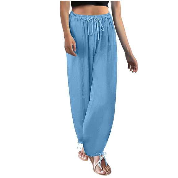 Ohufall Cotton Linen Pants for Women Fashion Casual Solid Color Drawstring Elastic Waist Trousers Loose Fit Beach Pants