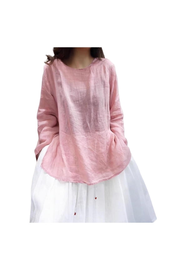 Cotton Linen Shirts for Women Summer Lightweight Loose Long Sleeve T-Shirt Fashion Solid Color Casual Side Split Pullover Round Neck Tops
