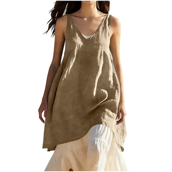 Ohufall Cotton Linen Tank Top for Women Solid Color Sleeveless Top V-Neck Loose Casual Fashion Long Tank Top
