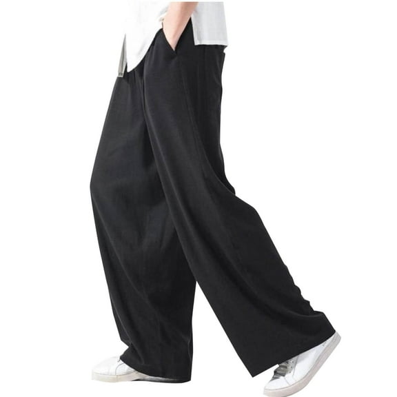 Ohufall Cotton Pants for Men Plus Size Solid Casual Elastic Waist Outdoor Jogger Pants Men's Loose Fit Comfy Wide Leg Pants