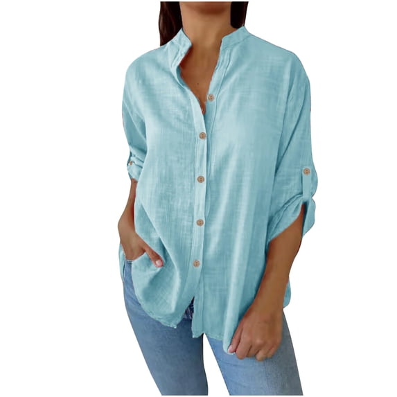 Ohufall Cotton Shirts for Women Fashion Solid Casual Long Sleeve Stand Collar Top Womens Lightweight Loose Button Down Blouses
