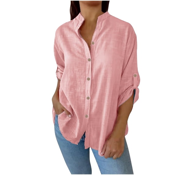 Ohufall Cotton Shirts for Women Fashion Solid Casual Long Sleeve Stand Collar Top Womens Lightweight Loose Button Down Blouses