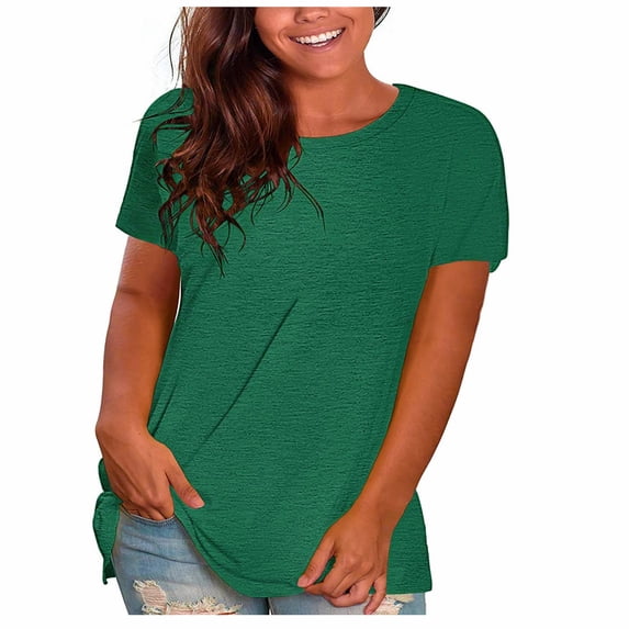 Ohufall Crew Neck T Shirts for Women Solid Color Summer Tops Short Sleeve Shirts Casual Tunic Tops,, Green, XXL