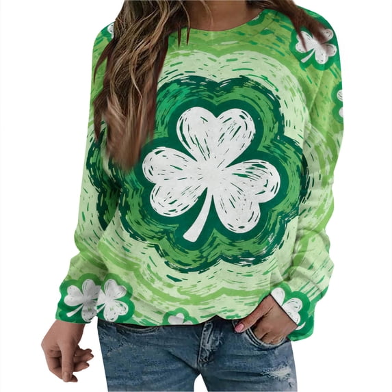Ohufall Crewneck Sweatshirt for Women Oversized St. Patricks Day Shamrock Printed Long Sleeve Pullover Hoodless Sweatshirts Tops