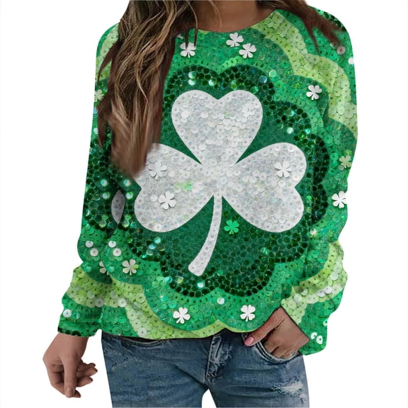 Ohufall Crewneck Sweatshirt for Women Oversized St. Patricks Day Shamrock Printed Long Sleeve Pullover Hoodless Sweatshirts Tops