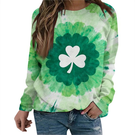 Ohufall Crewneck Sweatshirt for Women Oversized St. Patricks Day Shamrock Printed Long Sleeve Pullover Hoodless Sweatshirts Tops