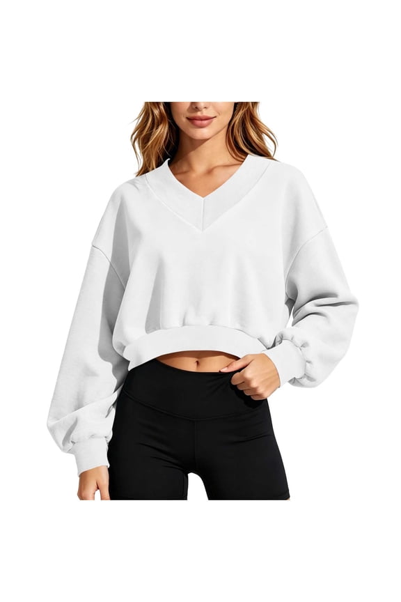 Cropped V Neck Sweatshirt for Women, Drop Shoulder Bubble Long Sleeve Loose Casual Pullover Top