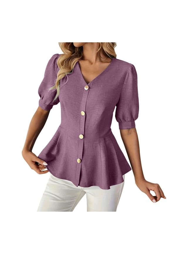 Cute Womens Tops Casual Button Front Short Sleeve Shirts Pleated Ruffled Hem Solid V-Neck Blouses