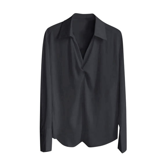 Ohufall Dress Shirts for Women Fashion Elegant Satin Lapel V-Neck Blouses Ladies Solid Casual Long Sleeve Business Blouses