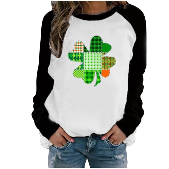 Ohufall Fall Clothes Fashion Women's Spring Patchwork St. Patrick's Day Printed Long Sleeves Round Neck Casual Tee Casual Loose Pullover Tops