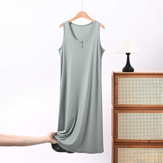 Ohufall Fashion Womens Nightgown Sleeveless Crew Neck Loose Sleepshirts Button Comfort Long Dress Homewear