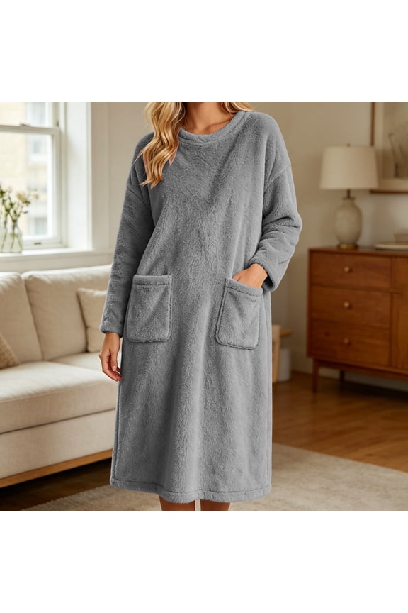 Fleece Nightgown for Women Long Sleeve Crew Neck Pullover Sleepshirts Fall Winter Long Night Dress Pajamas