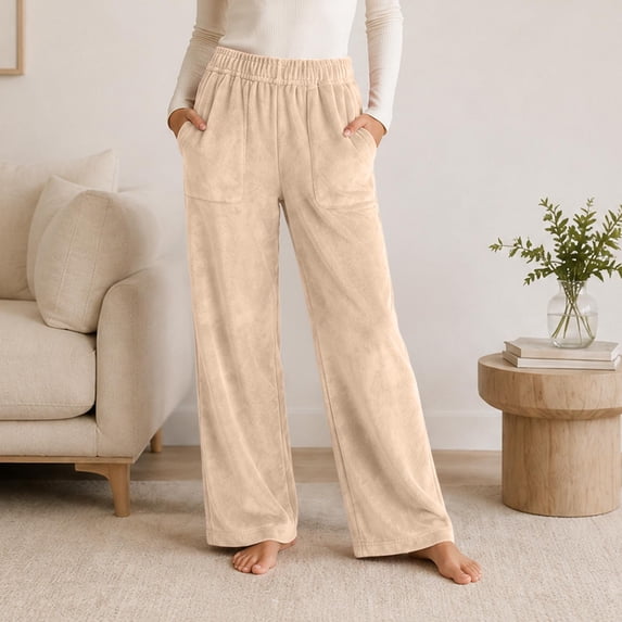 Ohufall Fleece Pajama Pants for Women Stretchy Wide Leg Sleep Pant Pockets Comfortable Solid Color Home Lounge Pants