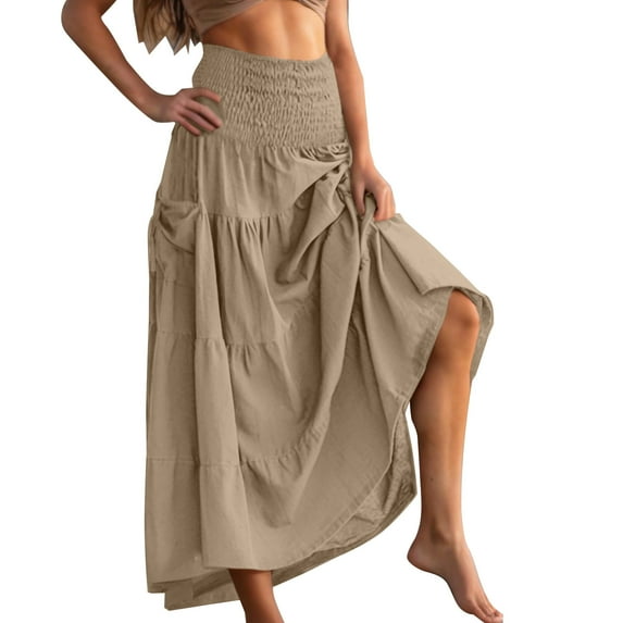Ohufall Flowy Boho Maxi Skirt for Women Summer Solid Casual A-Line Ruffle Swing Beach Long Skirt Fashion Pleated Elastic High Waist Tiered Ankle-Length Skirt with Pockets