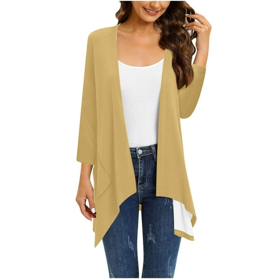 Ohufall Flowy Long Cardigans for Women Plus Size Summer Lightweight Loose Long Sleeve Cardigan Blouses Fashion Casual Open Front Bolero Shrugs with Pockets