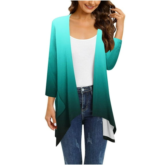 Ohufall Flowy Long Cardigans for Women Plus Size Summer Lightweight Loose Long Sleeve Cardigan Blouses Fashion Casual Open Front Bolero Shrugs with Pockets